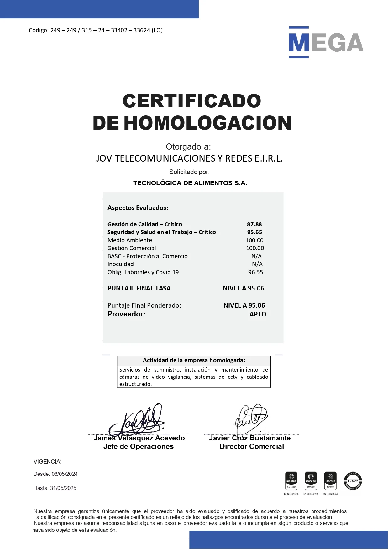 Certificado de Homologación MEGA